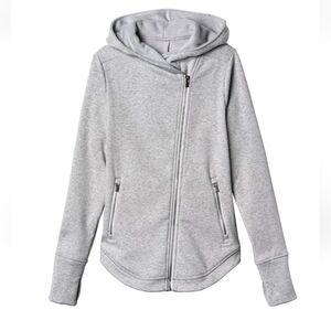 Athleta Kozy Karma Moto Fleece Hooded Jacket Light Marled Gray Small